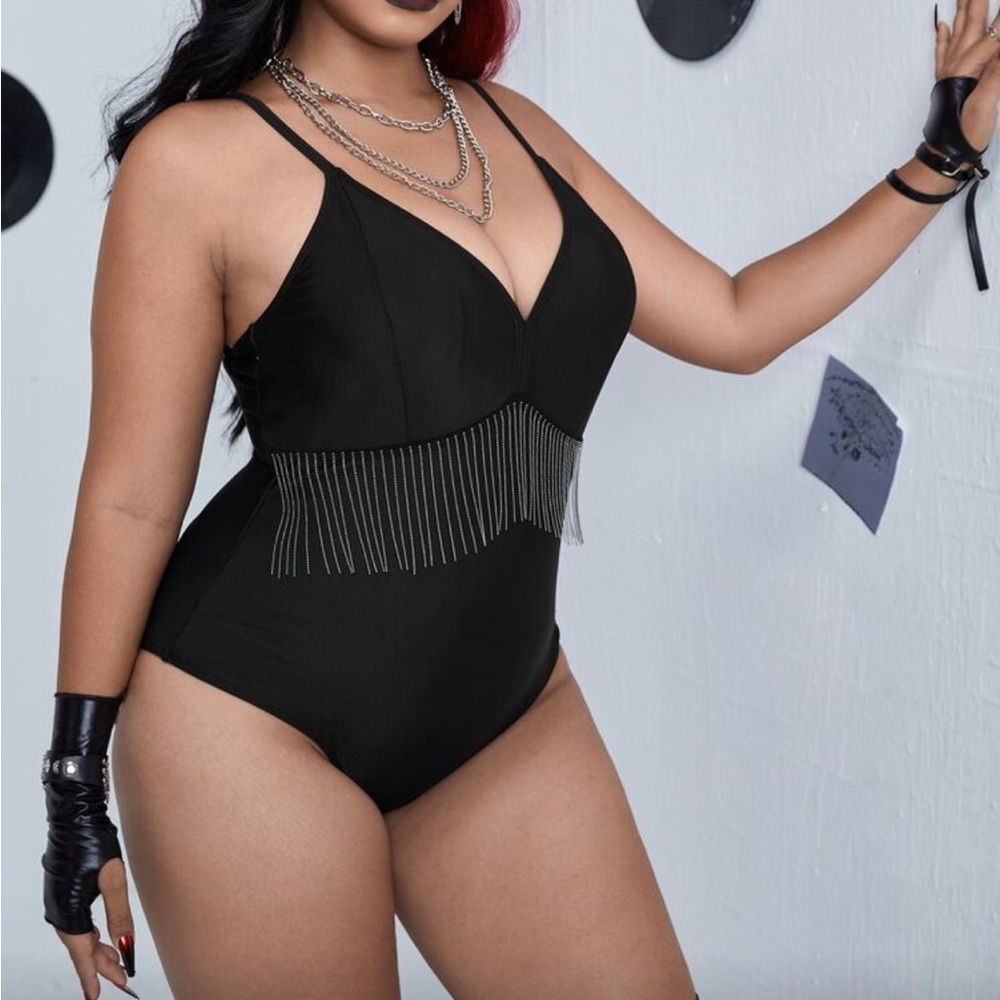 Elegant Black One-Piece Swimsuit with Fringe Detail